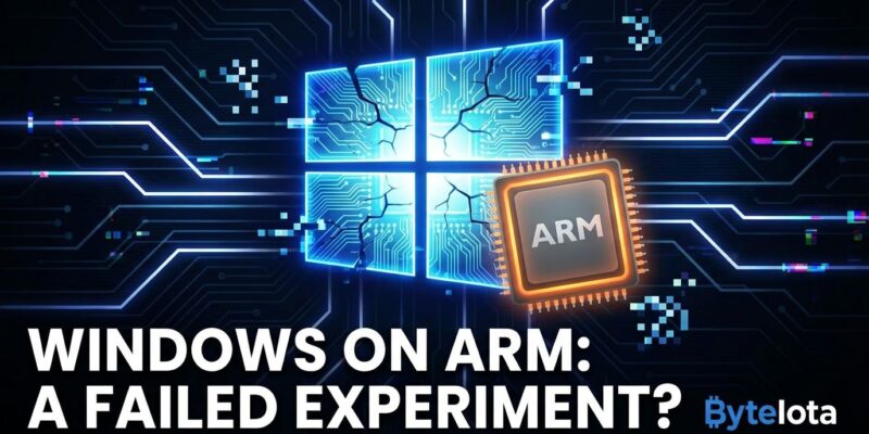 Broken Windows logo with ARM processor chip showing ARM Windows failure and discontinuation