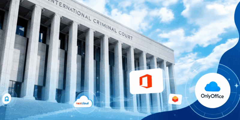 International Criminal Court digital sovereignty with open-source platform logos transitioning from Microsoft 365
