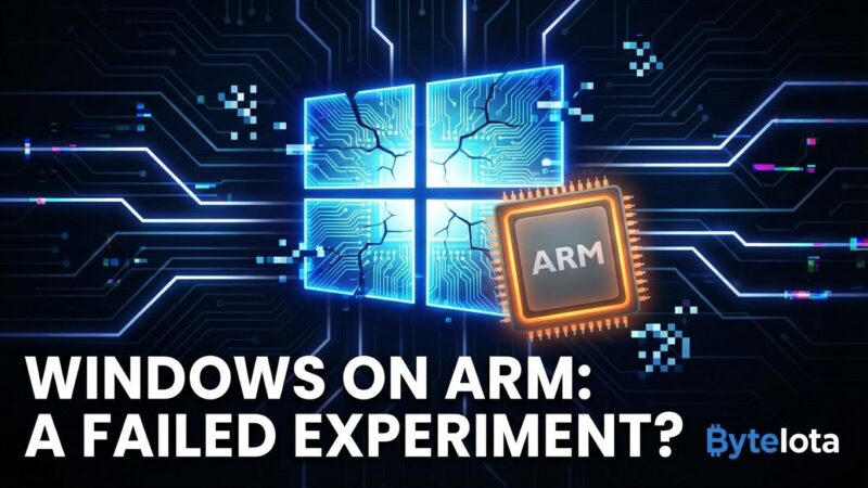 Broken Windows logo with ARM processor chip showing ARM Windows failure and discontinuation