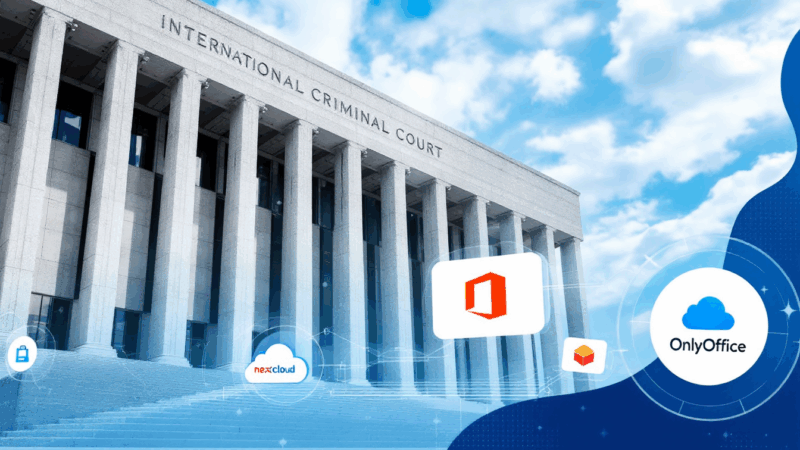 International Criminal Court digital sovereignty with open-source platform logos transitioning from Microsoft 365
