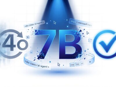 Bold conceptual visualization of Microsoft Fara-7B AI agent outperforming GPT-4o with 7B parameter model