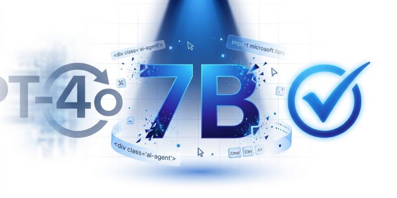 Bold conceptual visualization of Microsoft Fara-7B AI agent outperforming GPT-4o with 7B parameter model