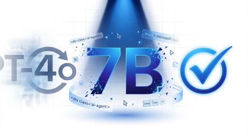 Bold conceptual visualization of Microsoft Fara-7B AI agent outperforming GPT-4o with 7B parameter model