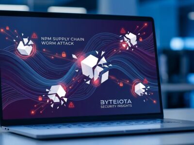 Abstract visualization of npm supply chain worm attack with blue gradient waves and geometric shapes representing compromised packages