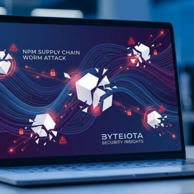 Abstract visualization of npm supply chain worm attack with blue gradient waves and geometric shapes representing compromised packages