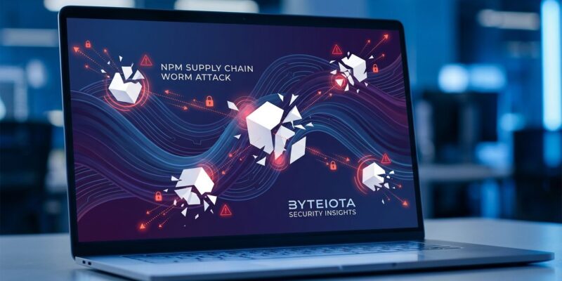 Abstract visualization of npm supply chain worm attack with blue gradient waves and geometric shapes representing compromised packages