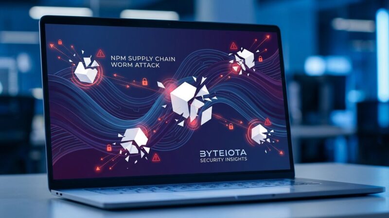 Abstract visualization of npm supply chain worm attack with blue gradient waves and geometric shapes representing compromised packages