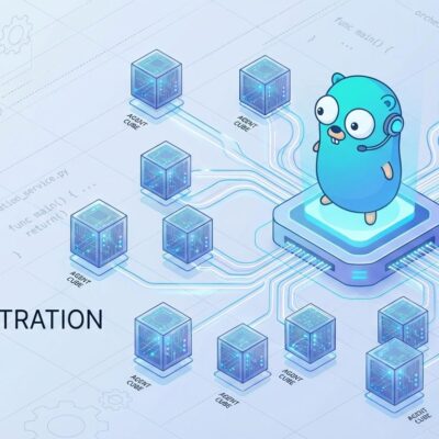 Isometric illustration showing Go gopher commanding AI agent network with connected cubes