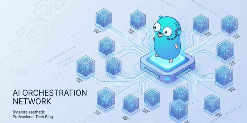 Isometric illustration showing Go gopher commanding AI agent network with connected cubes