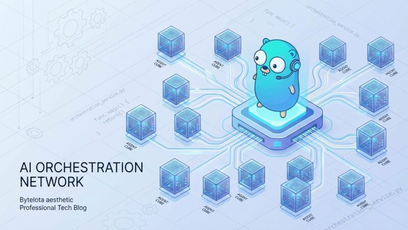 Isometric illustration showing Go gopher commanding AI agent network with connected cubes