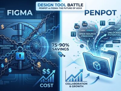Penpot vs Figma split-screen comparison showing cost savings and open-source benefits