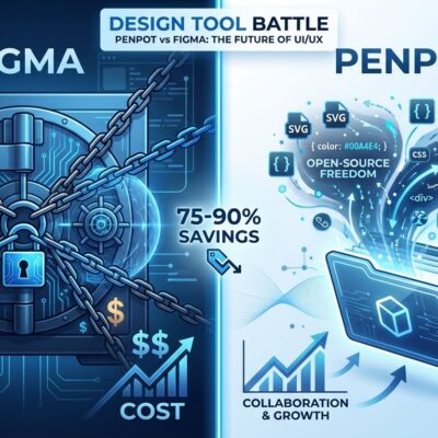 Penpot vs Figma split-screen comparison showing cost savings and open-source benefits