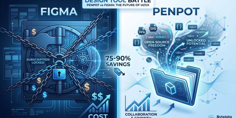 Penpot vs Figma split-screen comparison showing cost savings and open-source benefits