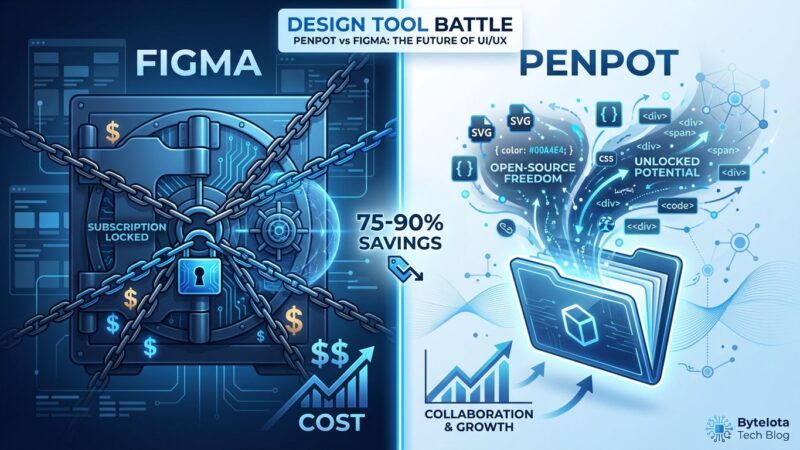 Penpot vs Figma split-screen comparison showing cost savings and open-source benefits