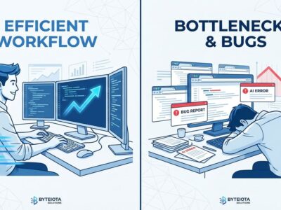 Split-screen illustration showing developer productivity paradox with AI coding tools