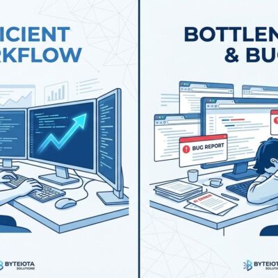 Split-screen illustration showing developer productivity paradox with AI coding tools
