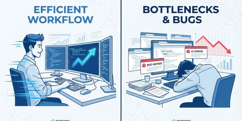 Split-screen illustration showing developer productivity paradox with AI coding tools
