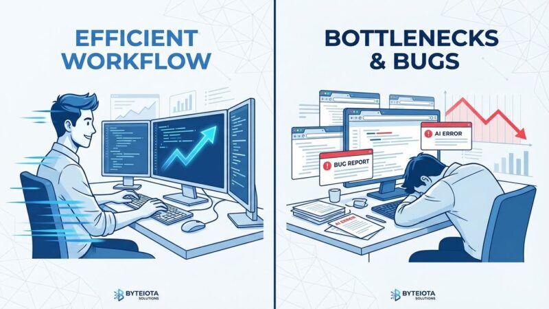 Split-screen illustration showing developer productivity paradox with AI coding tools