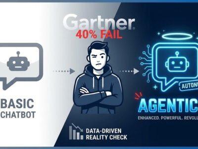 Deceptive AI agent washing concept showing chatbot rebranded as autonomous agent with skeptical developer