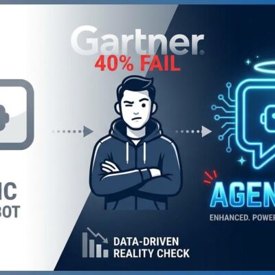 Deceptive AI agent washing concept showing chatbot rebranded as autonomous agent with skeptical developer