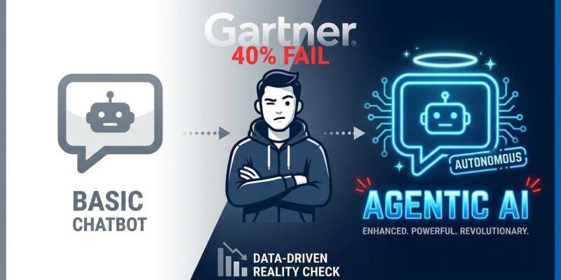 Deceptive AI agent washing concept showing chatbot rebranded as autonomous agent with skeptical developer