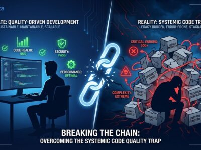Split-screen visualization showing engineer with clean code on left versus overwhelmed by legacy debt on right, representing systemic code quality trap