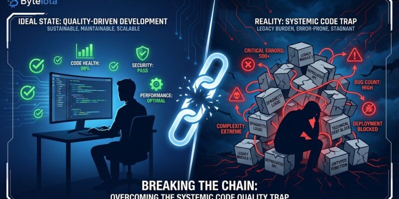Split-screen visualization showing engineer with clean code on left versus overwhelmed by legacy debt on right, representing systemic code quality trap