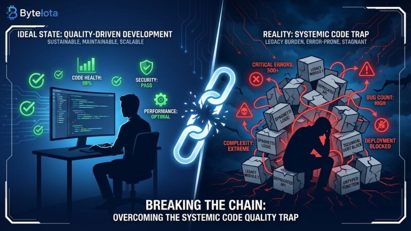 Split-screen visualization showing engineer with clean code on left versus overwhelmed by legacy debt on right, representing systemic code quality trap