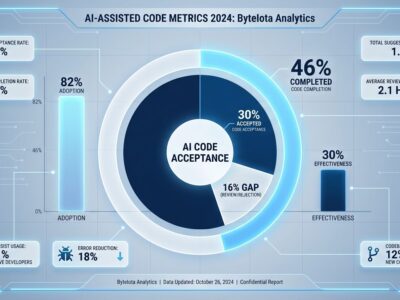 Data visualization showing GitHub Copilot 46% code completion rate vs 30% acceptance rate, revealing the 16% acceptance gap in AI coding tools
