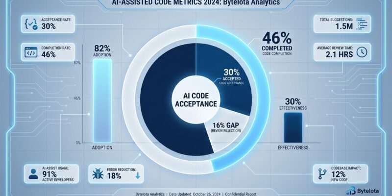 Data visualization showing GitHub Copilot 46% code completion rate vs 30% acceptance rate, revealing the 16% acceptance gap in AI coding tools