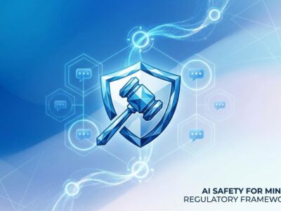 Abstract visualization of AI chatbot safety regulations with protective shield symbol