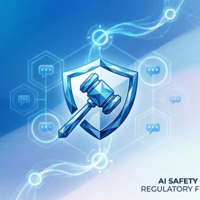 Abstract visualization of AI chatbot safety regulations with protective shield symbol