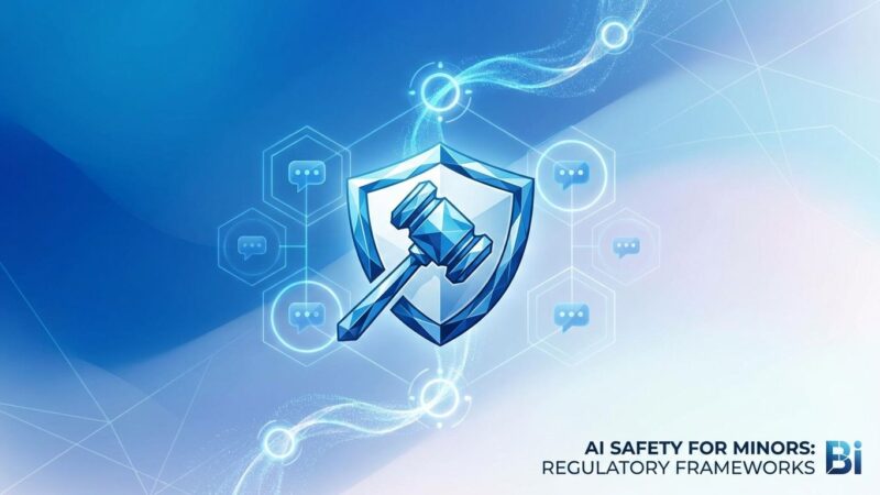 Abstract visualization of AI chatbot safety regulations with protective shield symbol