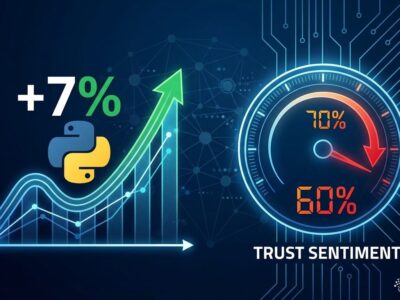 Python programming language market share growth chart showing 7-point surge contrasted with declining AI tool developer trust from 70% to 60%