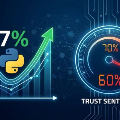 Python programming language market share growth chart showing 7-point surge contrasted with declining AI tool developer trust from 70% to 60%