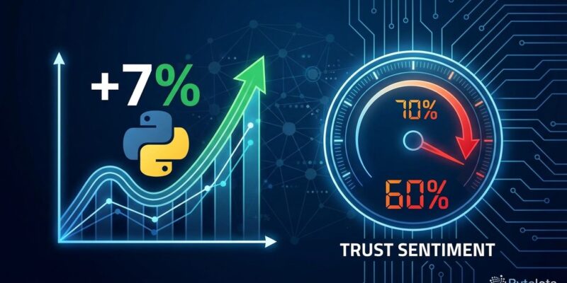 Python programming language market share growth chart showing 7-point surge contrasted with declining AI tool developer trust from 70% to 60%