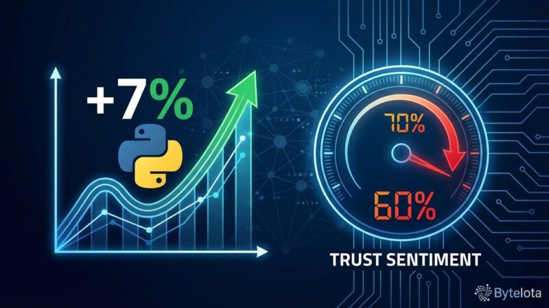 Python programming language market share growth chart showing 7-point surge contrasted with declining AI tool developer trust from 70% to 60%