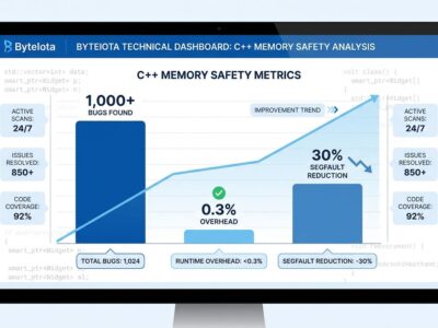 Data visualization showing Google's C++ hardening deployment results: 1,000+ bugs found, 0.3% performance overhead, 30% segfault reduction