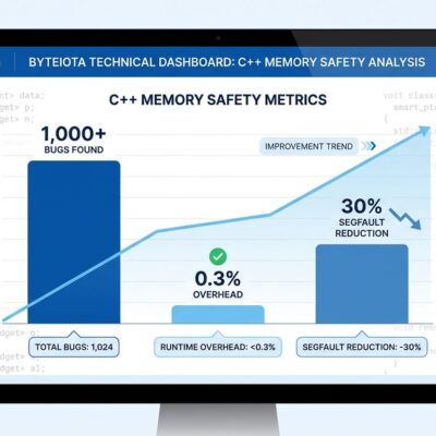 Data visualization showing Google's C++ hardening deployment results: 1,000+ bugs found, 0.3% performance overhead, 30% segfault reduction