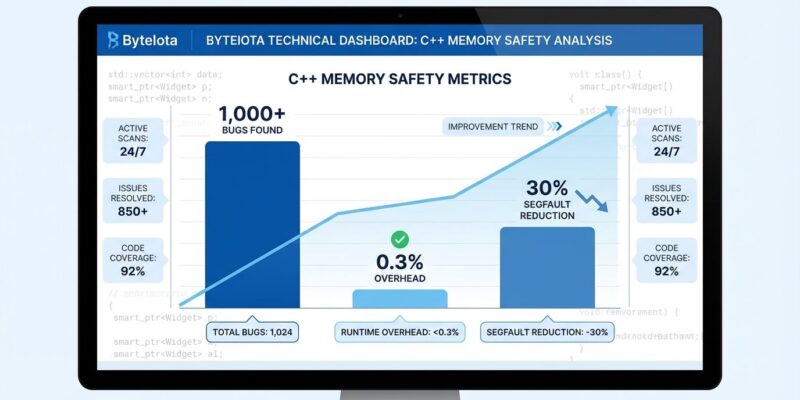Data visualization showing Google's C++ hardening deployment results: 1,000+ bugs found, 0.3% performance overhead, 30% segfault reduction