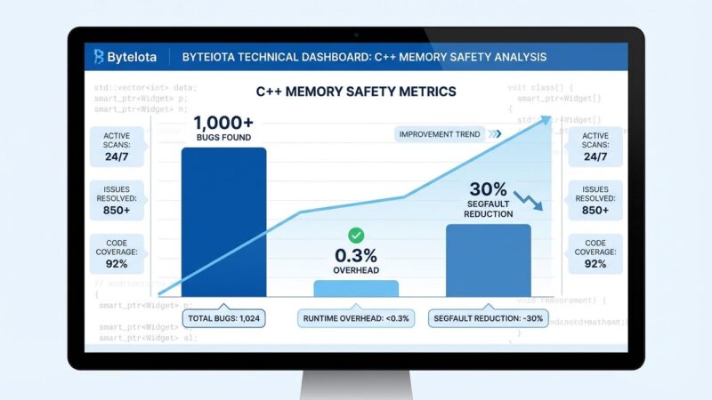Data visualization showing Google's C++ hardening deployment results: 1,000+ bugs found, 0.3% performance overhead, 30% segfault reduction