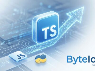 TypeScript logo rising above JavaScript and Python logos with upward trend
