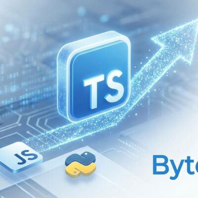 TypeScript logo rising above JavaScript and Python logos with upward trend