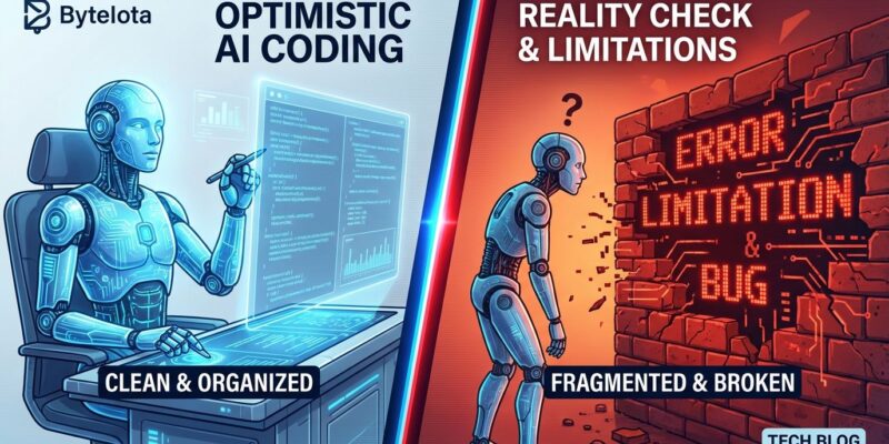 Split-screen illustration showing AI coding confidence on left versus hitting limitations wall on right