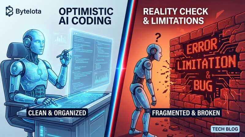 Split-screen illustration showing AI coding confidence on left versus hitting limitations wall on right