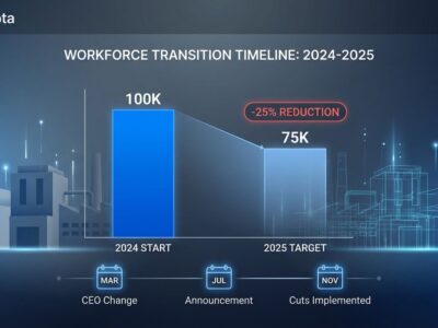 Intel workforce reduction from 100K to 75K employees shown in declining bar chart with factory buildings fading in background