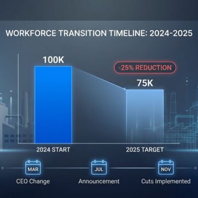 Intel workforce reduction from 100K to 75K employees shown in declining bar chart with factory buildings fading in background