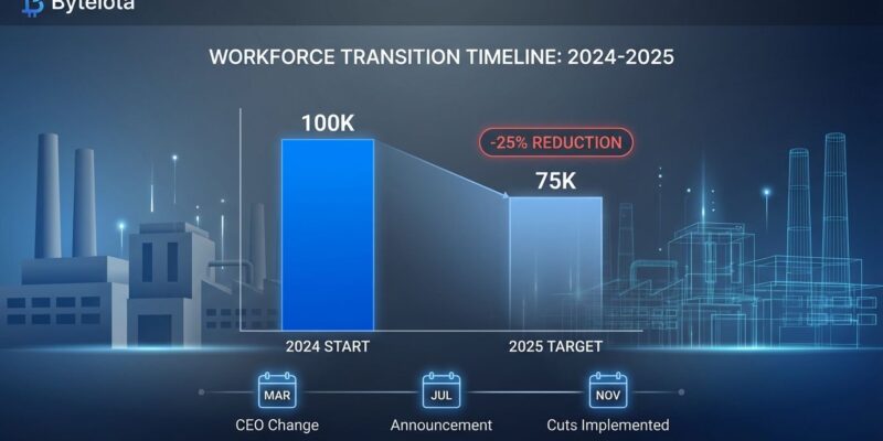 Intel workforce reduction from 100K to 75K employees shown in declining bar chart with factory buildings fading in background