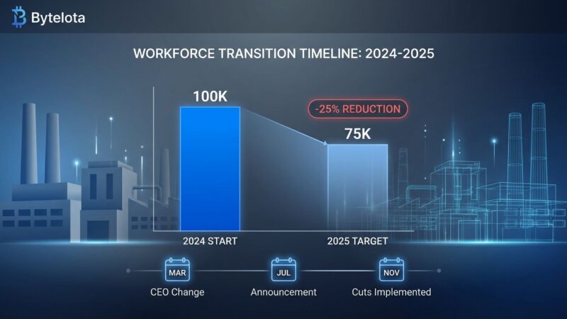 Intel workforce reduction from 100K to 75K employees shown in declining bar chart with factory buildings fading in background