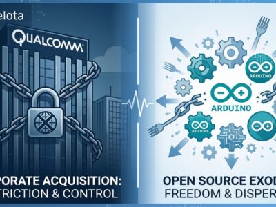 Split-screen illustration showing corporate acquisition vs open-source community, representing Arduino's controversial Terms of Service changes after Qualcomm buyout